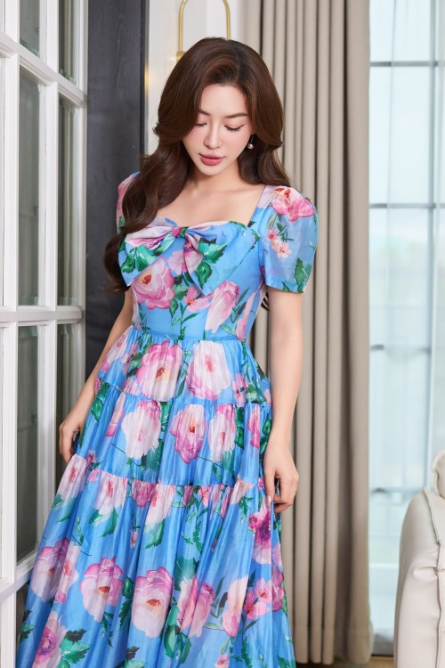 Sixdo Blue Floral Organza Flared Dress